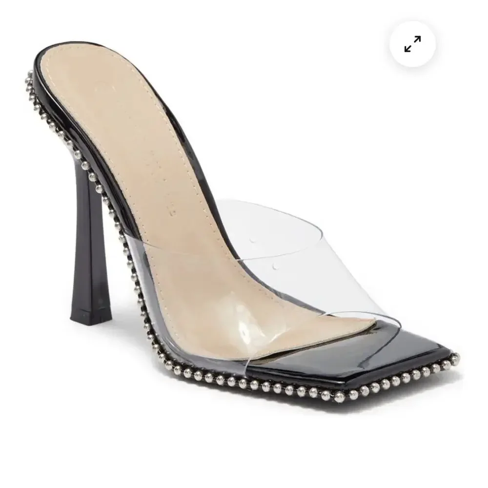 Wild Diva Lounge Boli-02 Black Studded Clear Strap Square Toe Mules Heels Sz 9